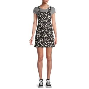 (A7) No Boundaries Juniors' Daisy Print Pinafore Dress Black‎ Wash M 7-9